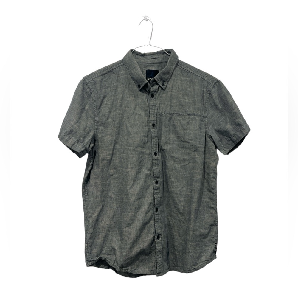 PrAna Size Med Men's Hiking Shirt Blue 100% Organic Cotton Short Sleeve EUC